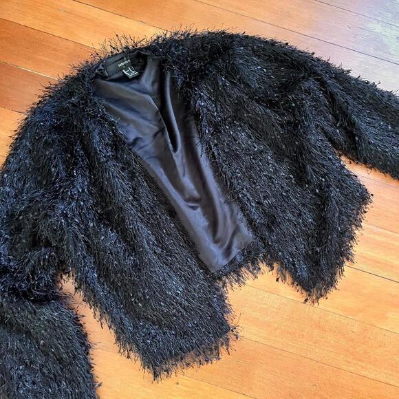 Forever 21 Women's Black Shag Festive Jacket, Size Medium - Picture 3 of 8